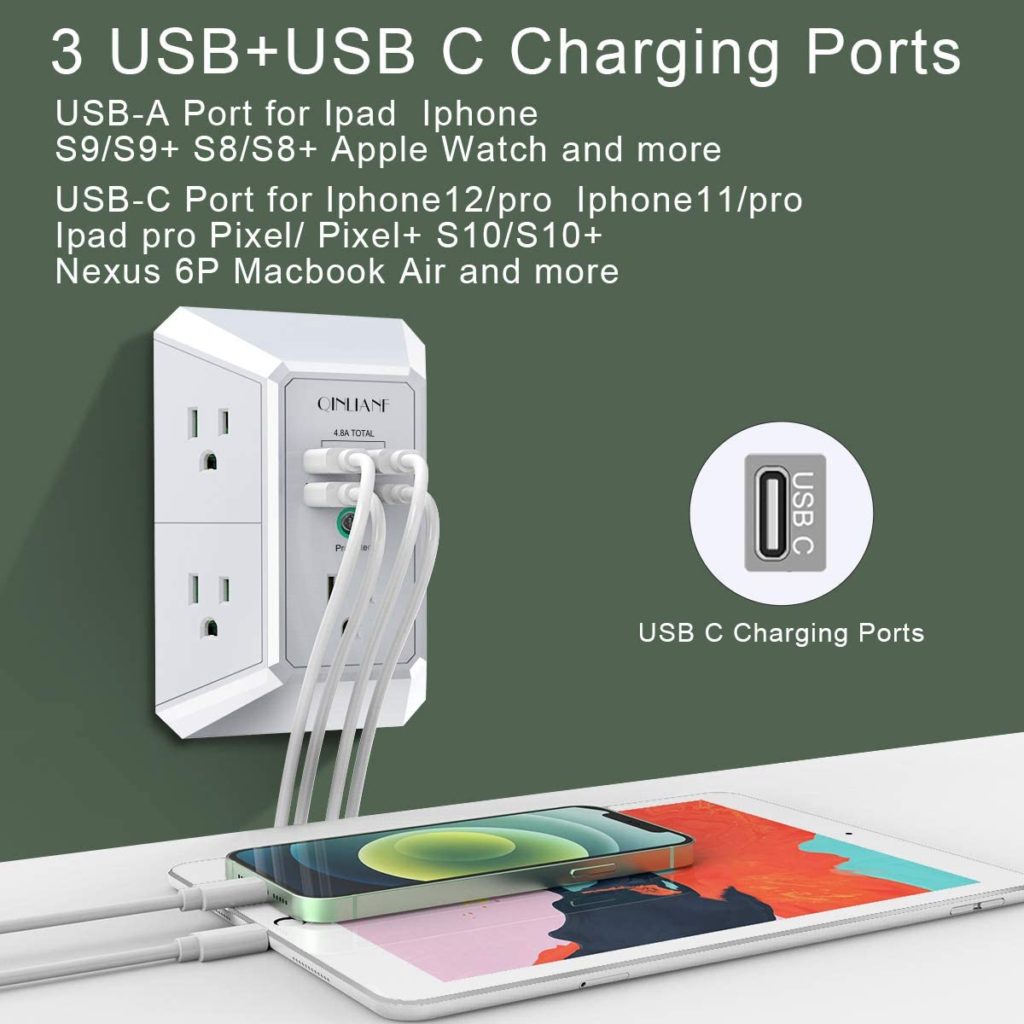 Office QINLIANF USB Wall Charger with 3 USB Ports and 3-Outlet Extender with 3 Way Splitter Home ETL Listed Outlet expanders Multi Plug Outlet No Surge Protector for Cruise Ship 