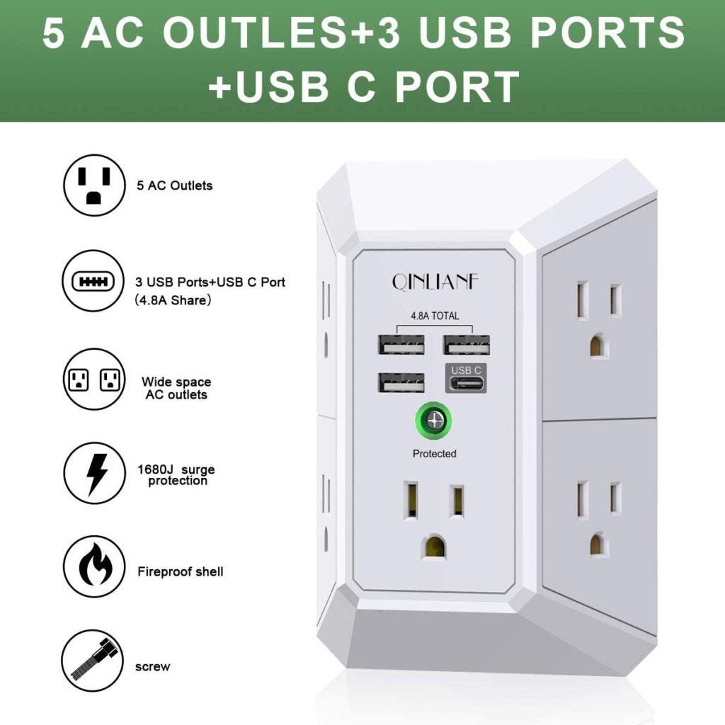 ETL Listed Home Multi Plug Outlet Office Outlet expanders No Surge Protector for Cruise Ship QINLIANF USB Wall Charger with 3 USB Ports and 3-Outlet Extender with 3 Way Splitter 
